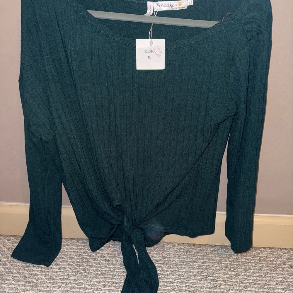 Dark Green Long Sleeve Tie-Front Top
